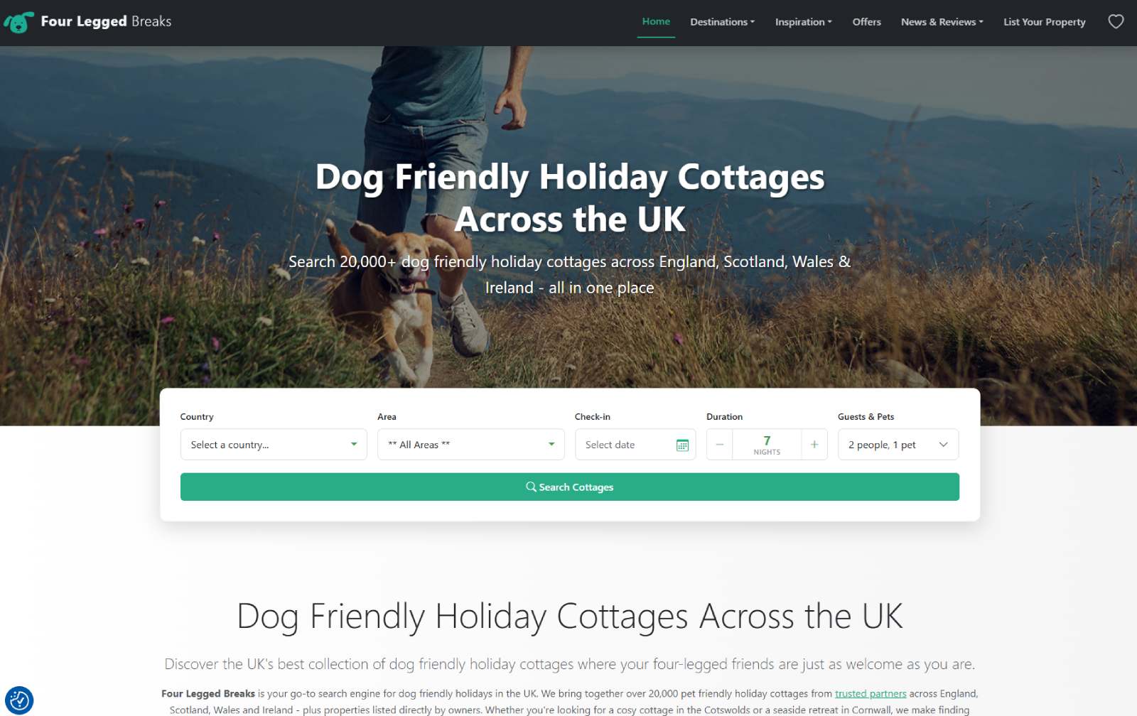 Screenshot of fourleggedbreaks.co.uk — a dog-friendly holiday property search engine